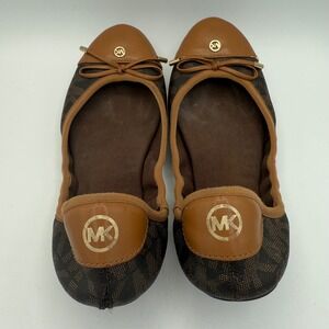 Michael Kors Flats Brown MK‎ Logo Leather Ballet Shoes Size Women
